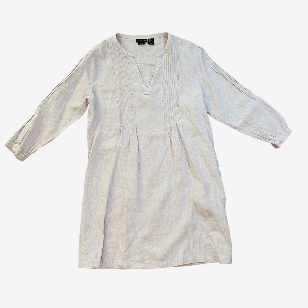 Tahari Women Linen Pintuck Linen Shift Dress Split Neck Pockets Gray M Lagenlook